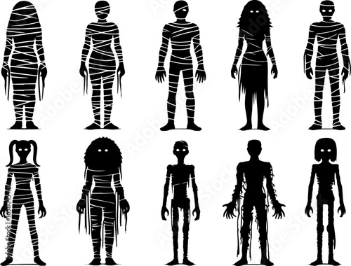 Vector sketch illustration collection of silhouette sketches of mythological creatures designs of creepy horror zombie mummies with circular bandages