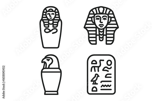 Ancient Egyptian Tomb Artifacts Icons Set. Outline Vector Sarcophagus, Pharaoh Death Mask, Canopic Jar, Hieroglyphic Tablet Symbols. Historical Burial Elements, Archaeology, Heritage, Culture