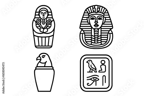 Ancient Egypt icon set. Vector outline symbols of Egyptian tomb artifacts. Pharaoh death mask, sarcophagus, canopic jar, hieroglyphics tablet. Archeology history concept.