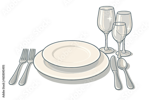 Elegant table setting for a fine dining event. Formal dinner place setting with plates, glasses, and cutlery. Concept for restaurant menu, wedding banquet, or gala invitation. Vector illustration.