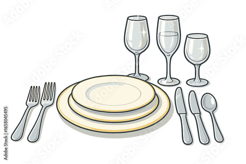 Elegant table setting for a fine dining event or wedding reception. Formal dinner place setting with plates, glasses, and cutlery. Restaurant banquet table layout vector illustration.