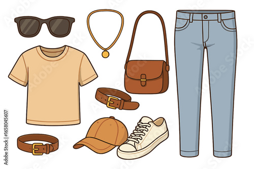 Women's casual fashion outfit set. Flat lay of clothing and accessories. T-shirt, jeans, sneakers, sunglasses, bag, cap, belt. Everyday look. Vector cartoon illustration.