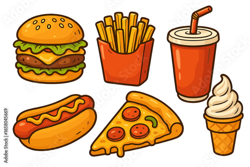 Set of colorful cartoon fast food icons. Vector collection with hamburger, french fries, soda drink, hot dog, pizza slice and ice cream cone. Junk food meal illustration.