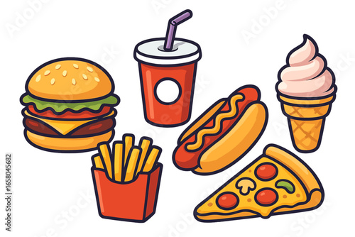 Fast food vector icon set. Cartoon junk food meal collection. Burger, hot dog, fries, pizza slice, soda drink, ice cream cone. Colorful menu element design. Isolated objects.