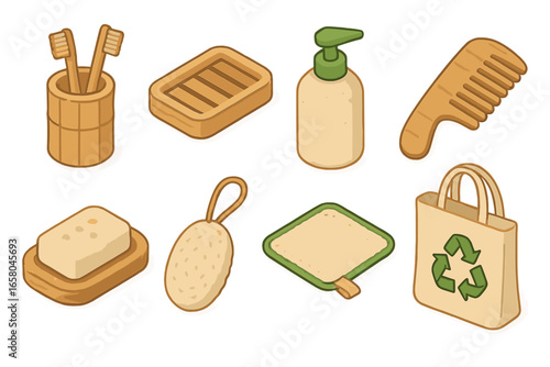 Eco bathroom accessories isometric icon set. Zero waste, sustainable lifestyle concept. Eco-friendly hygiene products like bamboo toothbrush, wooden comb, soap dish, reusable bag.