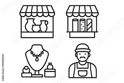 Artisan market icon set. Vector outline icons of local craft fair stalls. Handmade pottery, fabric rolls, jewelry shop display and craftsman character for small business.