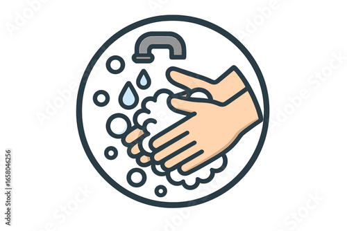 Hand washing icon. Hygiene and sanitation symbol. Please wash your hands sign. Prevention of germs, virus, and bacteria. Health care concept. Vector flat cartoon illustration.