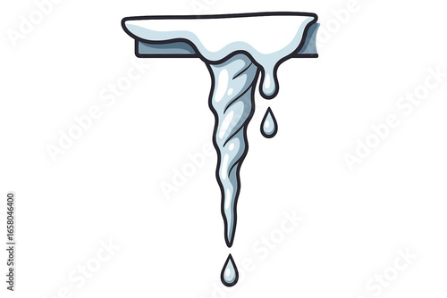 Winter season concept with melting icicle and water drops. Frozen ice spike with snow cap, thawing on a cold day. Vector graphic isolated on transparent background.