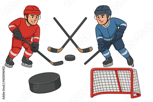 Ice hockey sport collection. Set of cartoon vector icons with players in red and blue uniform, stick, puck, and goal net. Winter sports game equipment symbols for design.