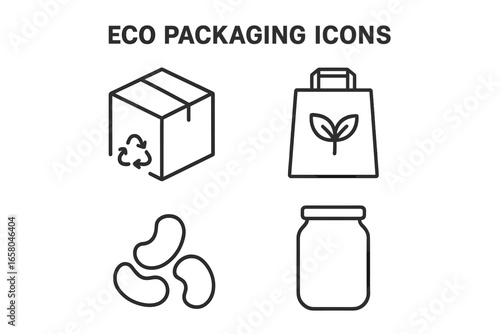 Eco packaging outline icons. Sustainable, eco-friendly materials concept. Recyclable cardboard box, paper bag, biodegradable packing peanuts, glass jar vector symbols.