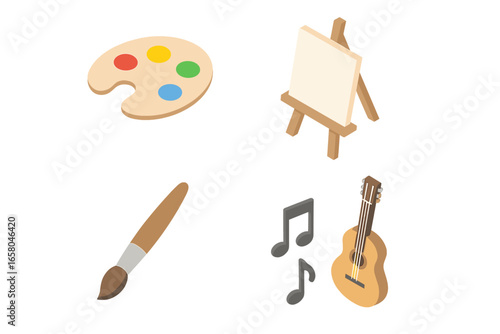 Arts and music education flat isometric icon set. Creative hobby vector concept with paint palette, artist easel, paintbrush, guitar and musical notes. For web or app design.