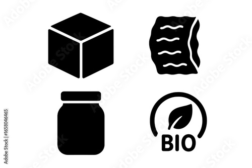 Eco packaging icon set. Solid glyphs of sustainable alternatives like cardboard box, paper filler, glass jar, and a biodegradable bio symbol. Vector for zero waste concepts.
