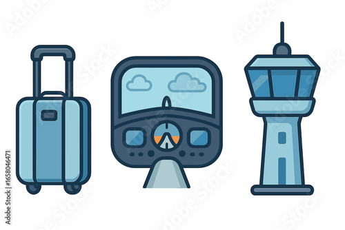 Airport icon set with luggage, cockpit view, and control tower. Vector cartoon illustration for travel and aviation concepts. Modern flat line design elements isolated.
