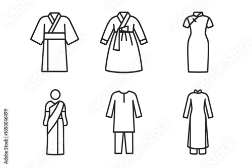 Asian traditional clothes icon set. Vector line art of national costumes. Japanese kimono, Korean hanbok, Chinese cheongsam, Indian sari, Pakistani shalwar kameez, Vietnamese ao dai.