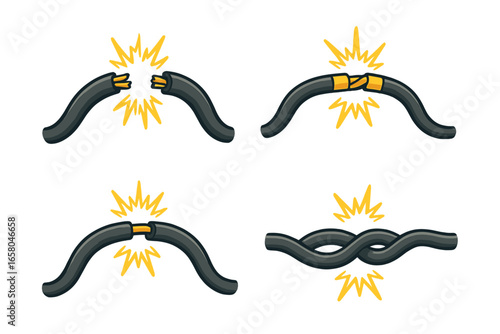 Vector cartoon illustrations of broken and connected electrical wires with diverse shapes and connections on a minimalistic background, depicting electric circuits, wiring faults, and repairs