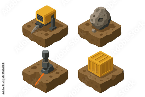 Isometric asteroid mining icon set for space exploration and futuristic industry. Vector collection with mining rig, laser drill, meteorite, and cargo for sci-fi resource extraction.