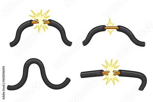 Broken and Connected Electrical Wires Cartoon Set. Vector Illustration of Damaged, Sparking, and Repaired Power Cables in Various Shapes on Minimalistic Background. Electricity Concept Design.