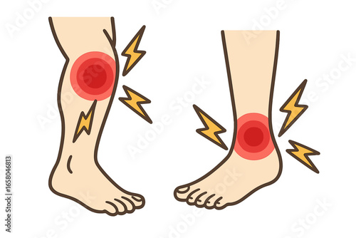 Vector Illustration of Leg, Calf, and Ankle Pain Symptoms with Red Pain Markers and Lightning Bolts Highlighting Injury, Discomfort, Soreness, and Inflammation on Transparent Background