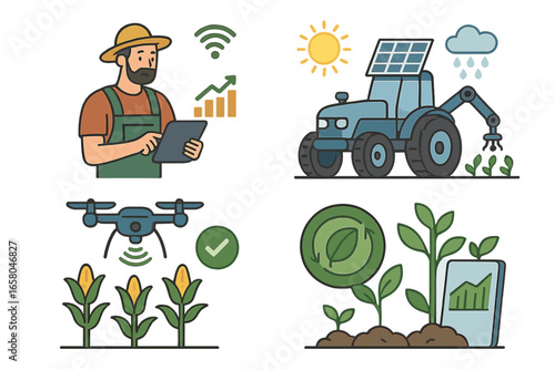 Innovations in sustainable agriculture technology enhance farming efficiency and crop health, vector cartoon illustration showcasing modern eco-friendly farming methods on transparent background