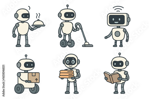 Innovative futuristic robot designs and automated devices for everyday tasks, smart technology, mechanical cartoon illustrations, modern automation concepts, transparent background set 3