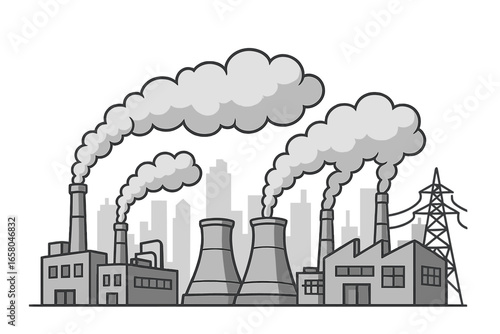 Industrial buildings and factory with smokestacks releasing smoke. Air pollution concept. City landscape with power plant. Ecology and carbon emission. Grayscale vector illustration.
