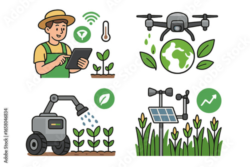 Smart farming technology icon set. Farmer with tablet, drone, irrigation robot, weather station. Sustainable agriculture, agritech, iot, automation for crop health. Vector cartoon.