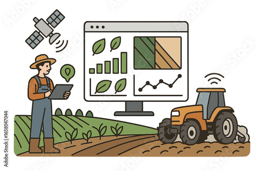 Precision agriculture technology vector illustration: farmer uses digital tablet, smart tractor, satellite GPS, data analytics, vegetation health, crop monitoring, smart farming efficiency enhancement