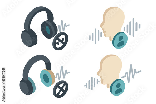 Audio technology isometric icon set. Noise cancellation headphones and voice enhancement concepts. Sound wave processing, active noise reduction, clear voice communication vector.