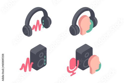 Isometric audio technology icon set. Noise cancelling headphones, voice enhancement microphone, speaker and sound wave icons. Soundproof, acoustic absorption vector concept.