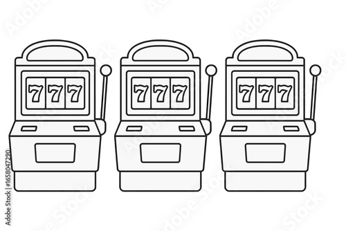 Triple sevens jackpot slot machine outline, classic casino luck symbol, vector cartoon illustration, transparent background, modern gambling entertainment, simple linear gaming concept