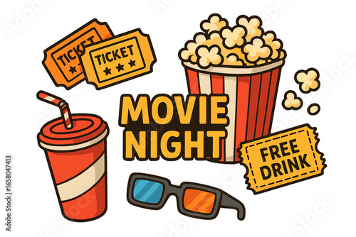 Movie night vector cartoon illustration with cinema tickets, popcorn, soda, 3D glasses, promotional free drink coupon, entertainment snack set, fun leisure evening, transparent background, collectible