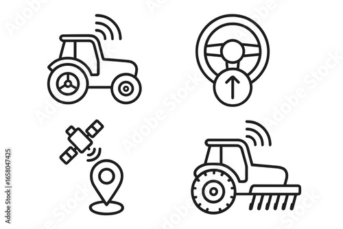 Autonomous tractor outline icon set. Smart farming and agriculture technology concept. Self-driving machinery with GPS satellite navigation. Precision agriculture vector icons.