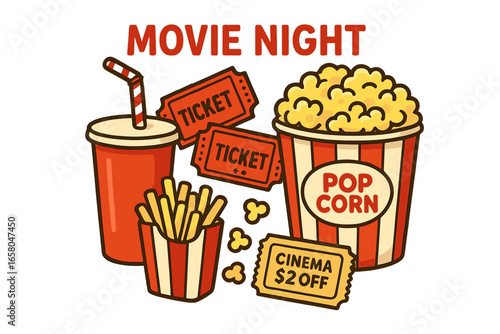 Movie night vector illustration with popcorn, soda, French fries, cinema tickets, promotional discount coupon, snacks, entertainment, cartoon design, fun evening, leisure, family activity