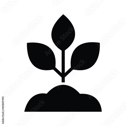 Black icon shows plant sprouting with three leaves from mound of soil on white background