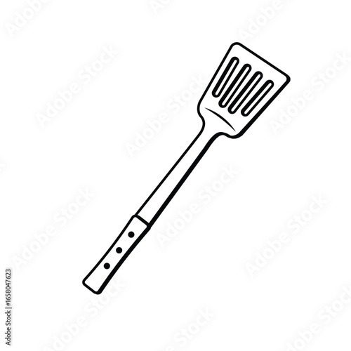 Minimalist outline drawing of a slotted turner, cooking utensil sketch.