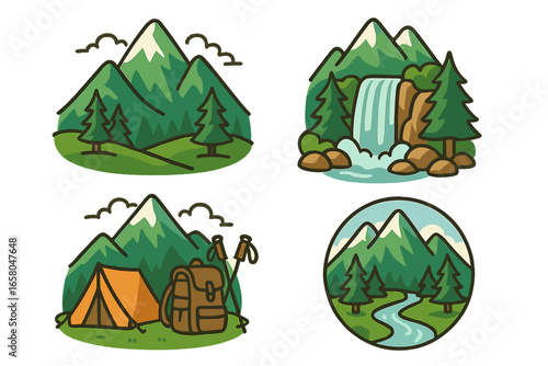 Adventure camping vector illustration set with mountain landscape, waterfall, forest pine trees, hiking gear, tent, scenic travel and outdoor nature, cartoon style design for exploration themes