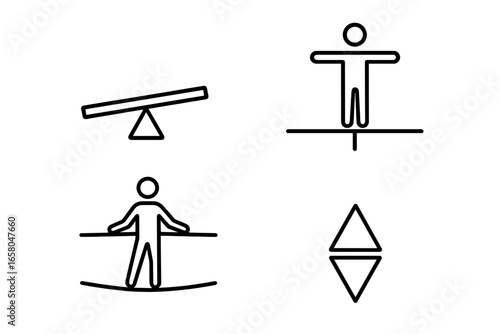 Balance icon set. Vector line icons of stability, equilibrium, seesaw, and tightrope walker. Concept of harmony, work-life balance, risk, and business metaphor.
