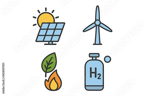 Renewable energy icons featuring solar panels, wind turbines, biomass and hydrogen technology symbols for sustainable development, clean power, green energy concept in vector cartoon style