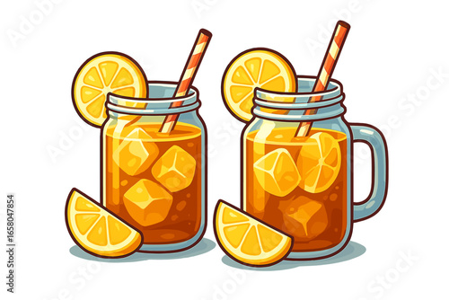 Iced tea with lemon, mason jar summer drinks. Cartoon vector illustration for sunny afternoon gatherings. Refreshing citrus beverage, transparent background, cold iced drink, picnic party concept
