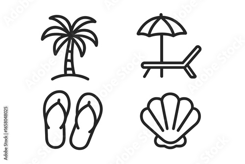 Beach retreat icon set. Summer vacation outline symbols. Simple line art collection with palm tree, sun umbrella, lounge chair, flip-flops, and seashell vector icons.