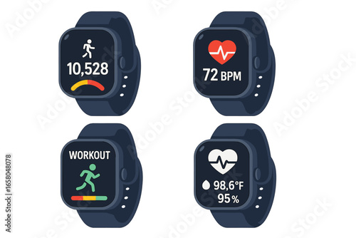 Modern smart wearable technology fitness tracker vector illustration with health monitoring, heart rate, workout analysis, step count, temperature, and activity features on transparent background