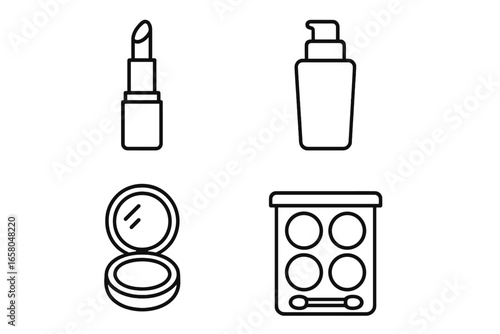 Makeup and beauty outline icon collection. Cosmetic product vector symbols. Lipstick, foundation, face powder, eyeshadow palette. Skincare, glamour, salon illustration.