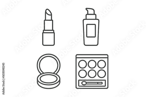 Beauty cosmetics outline icon set. Vector collection of makeup product symbols. Lipstick, foundation, eyeshadow palette, and compact powder line art for glamor and fashion.