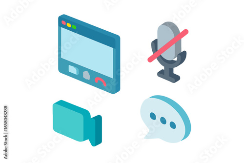Isometric virtual communication icon set. Vector symbols for video conference, online meeting, and webinar. Includes video call window, muted microphone, camera, and chat bubble.