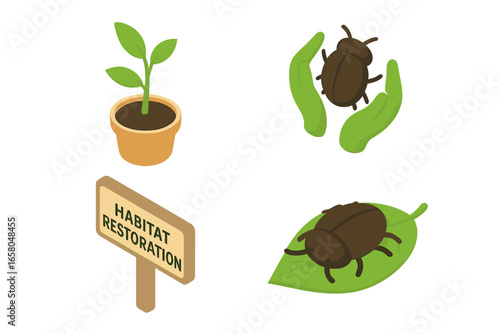 Beetle conservation isometric icon set. Habitat restoration and reforestation efforts for insect protection. Ecology and environment vector symbols for wildlife care concept.