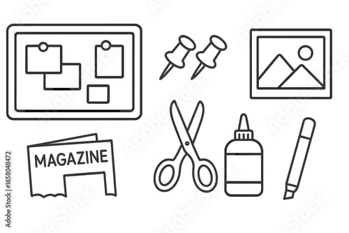 Vision board creation icons. Black outline set for crafting and manifesting goals. Mood board supplies: corkboard, pushpins, photo, magazine, scissors, glue, marker vector.