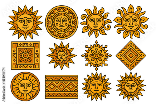 Vibrant traditional geometric sun motif patterns, ornate cultural decorative vector illustrations, ethnic solar ornament design set, aztec tribal decorative heritage artwork, seamless ethnic elements