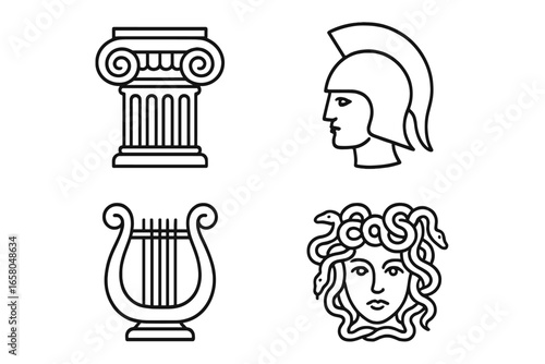 Ancient Greece mythology icons set. Greek culture linear symbols. Vector illustration includes Ionic column, warrior helmet, Medusa gorgon head and lyre music instrument.