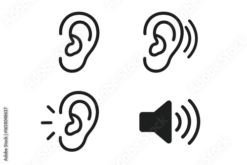 Understanding sound and hearing concept with ear icon illustrations in simple flat design style, vector cartoon set with transparent background, ordered educational collection of 3 images