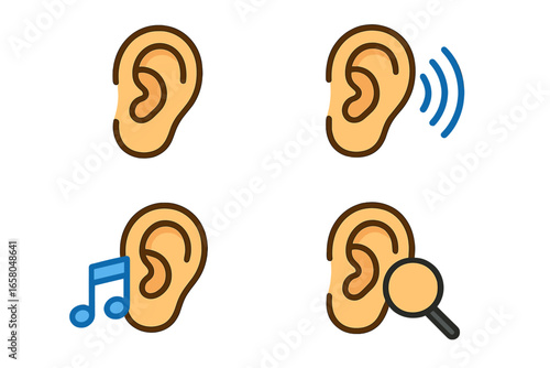 Sound and Hearing Concept Ear Icons Set. Human Ear Anatomy Illustration, Listening Music, Audio Perception, Auditory Examination, Hearing Ability, Sound Waves. Flat Vector Isolated Design Collection.